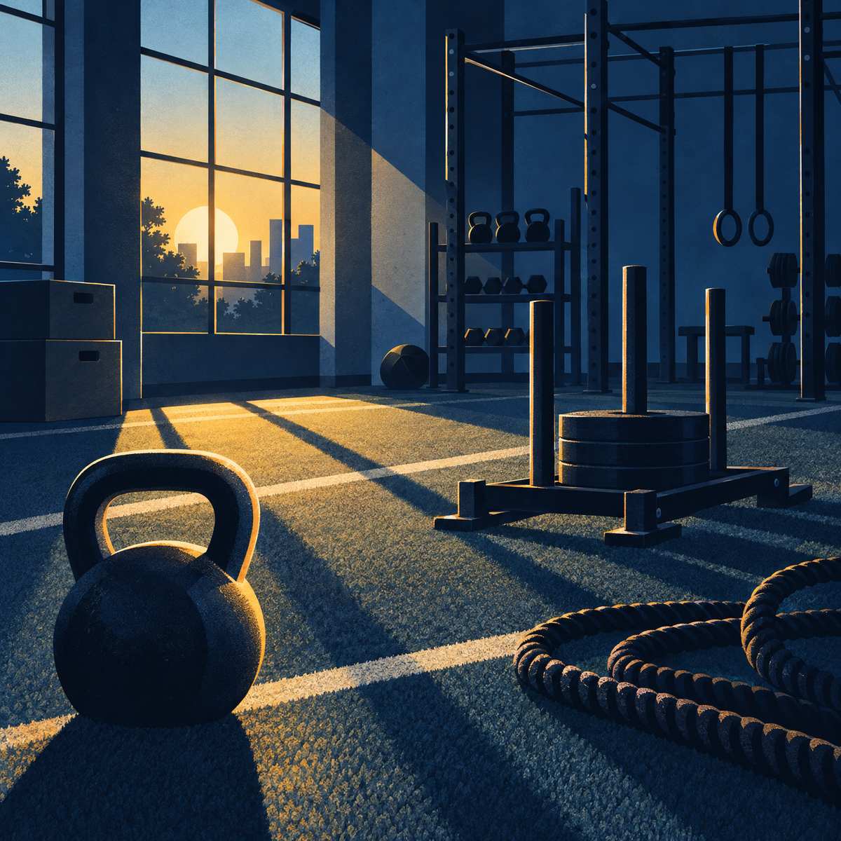 Illustration of an empty training gym at dawn, a heavy kettlebell and a weighted push sled on artificial turf, with sunrise streaming through tall windows