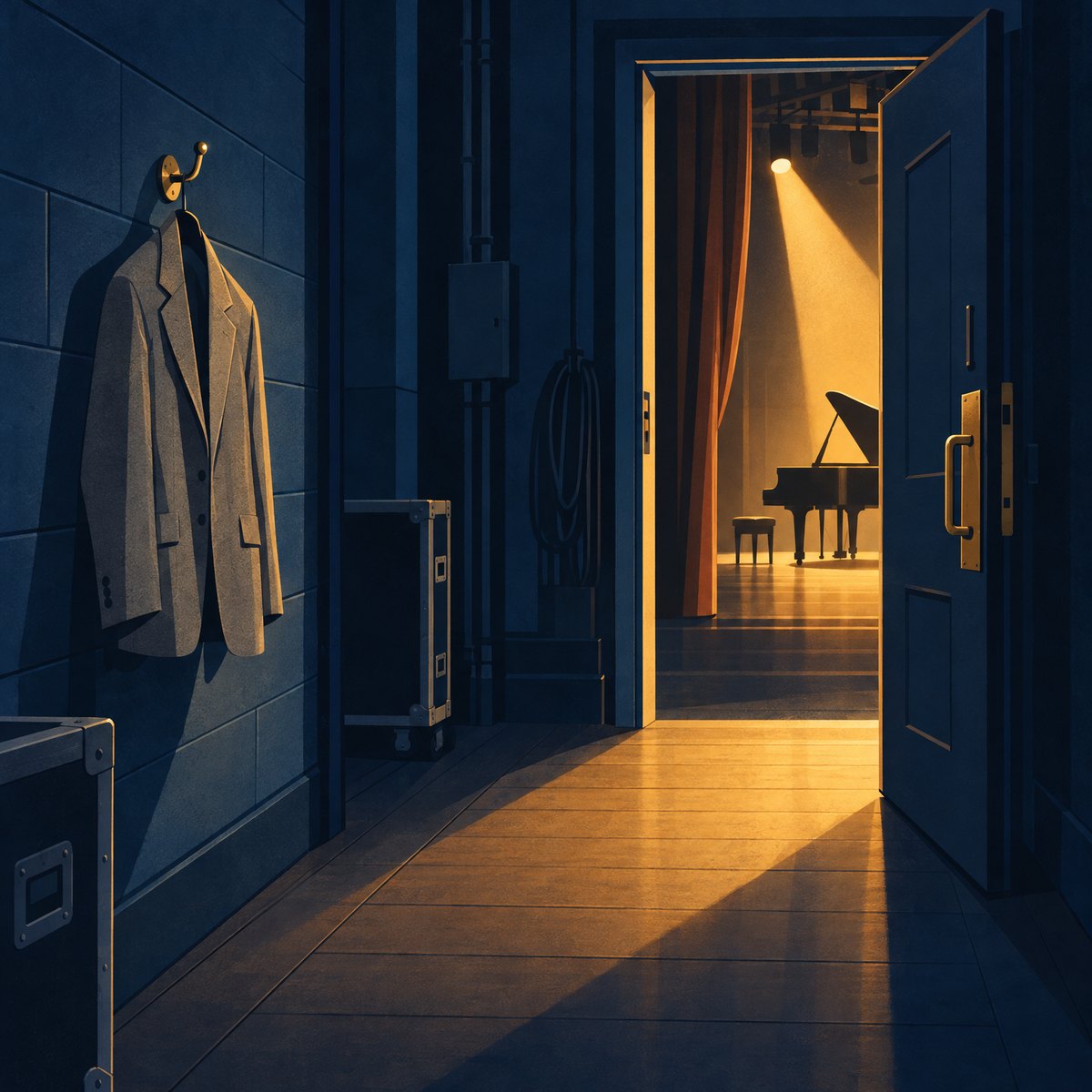 Illustration of an old grey suit jacket left on a hook in a backstage corridor, beside an open stage door with a grand piano in a warm spotlight beyond