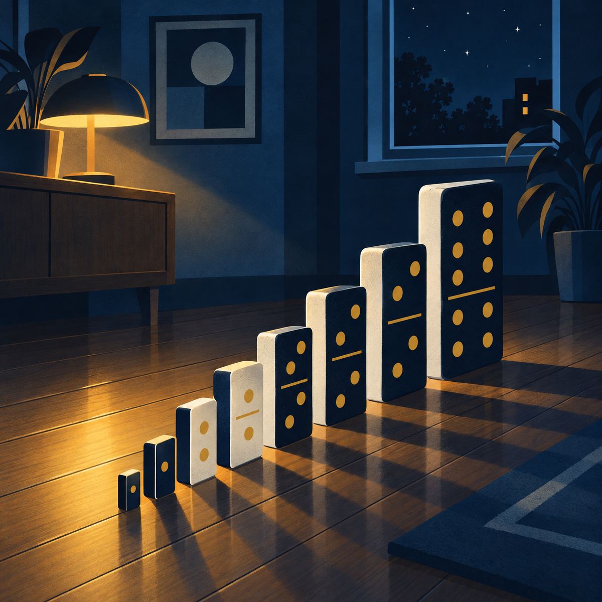 Illustration of a line of dominoes on a wooden floor, starting with a tiny one at the front and each one growing larger towards the back