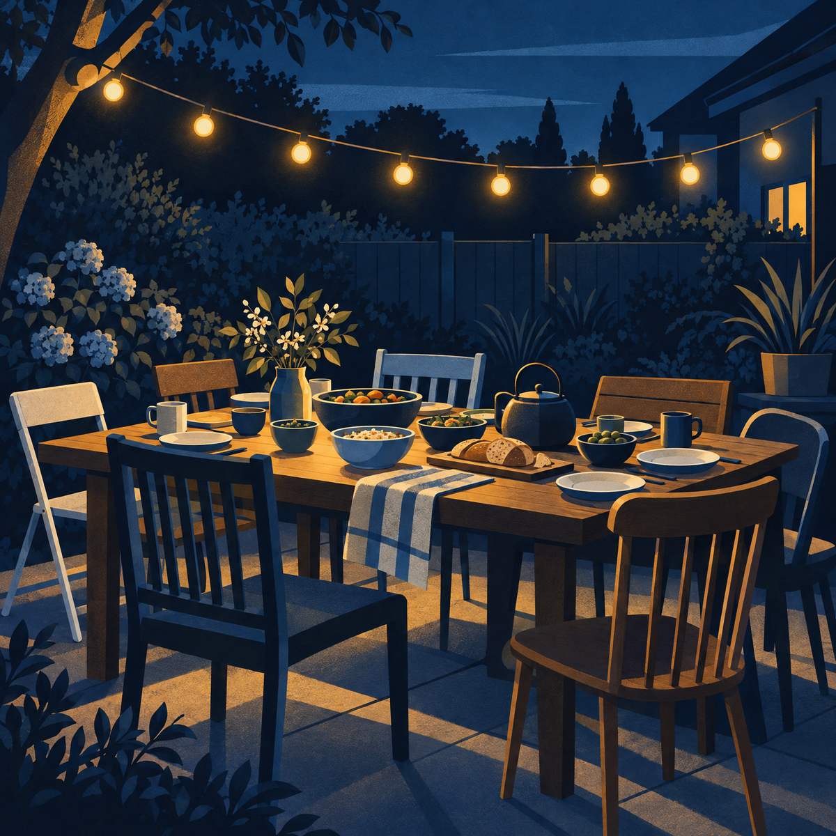Illustration of a long wooden table set for a shared meal in a back garden at dusk, with mismatched chairs, bowls of food, bread, mugs and a teapot under glowing festoon lights