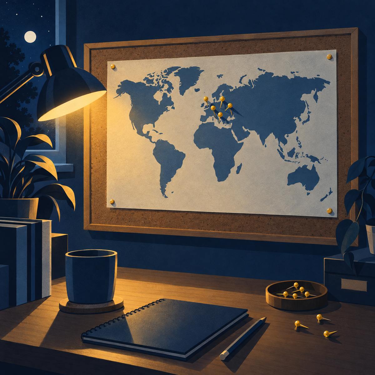 Illustration of a simple world map with no labels pinned to a cork board, a small cluster of golden pins gathered in one area and a few loose pins in a dish on the desk below, in warm lamp light