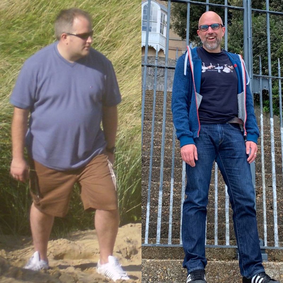 Two photos of Neil Martin taken about 12 years apart, both wearing Adidas Superstar trainers, heavier on the left and slimmer on the right