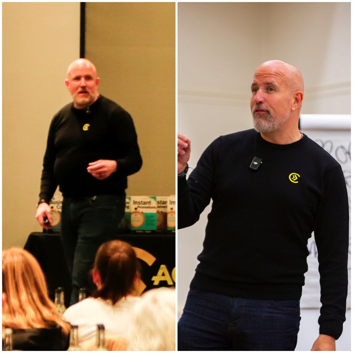 Two photos of Neil Martin speaking at events five months apart, in a black top both times and visibly slimmer in the second