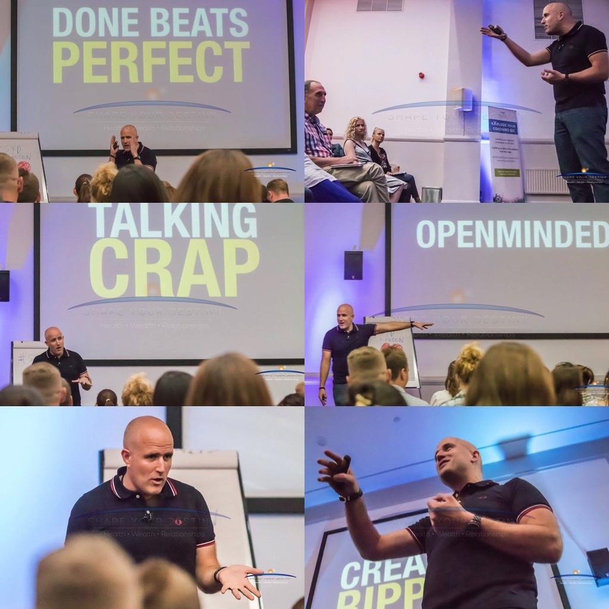 Collage of photos of Neil Martin speaking on stage to a large audience at Ben Allsop's Shape Your Destiny events