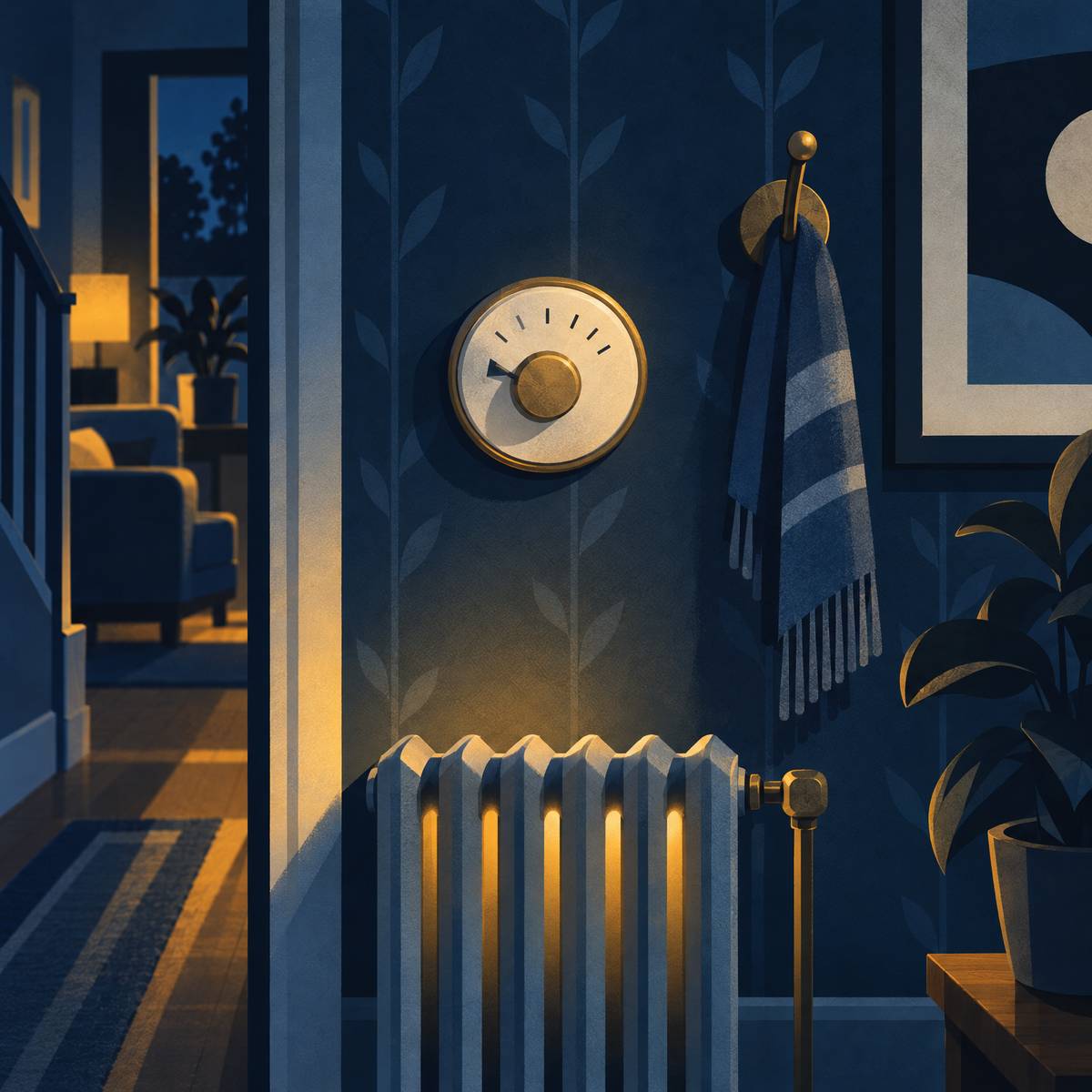 Illustration of an old round cream and brass thermostat on a hallway wall turned down low, a scarf on a coat hook beside it and a radiator glowing softly below