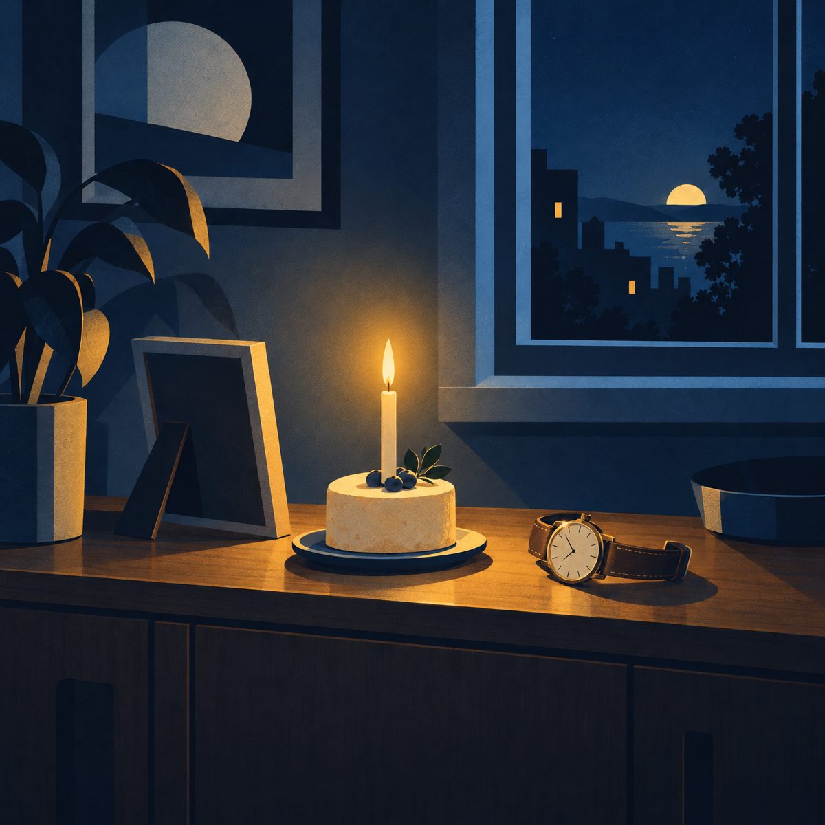 Illustration of a quiet sideboard by a window with an old leather-strap wristwatch beside a single lit candle on a small plain cake and an empty picture frame in soft evening light
