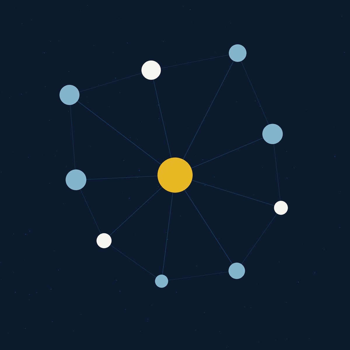 Abstract constellation of nine stars around a gold centre on midnight blue