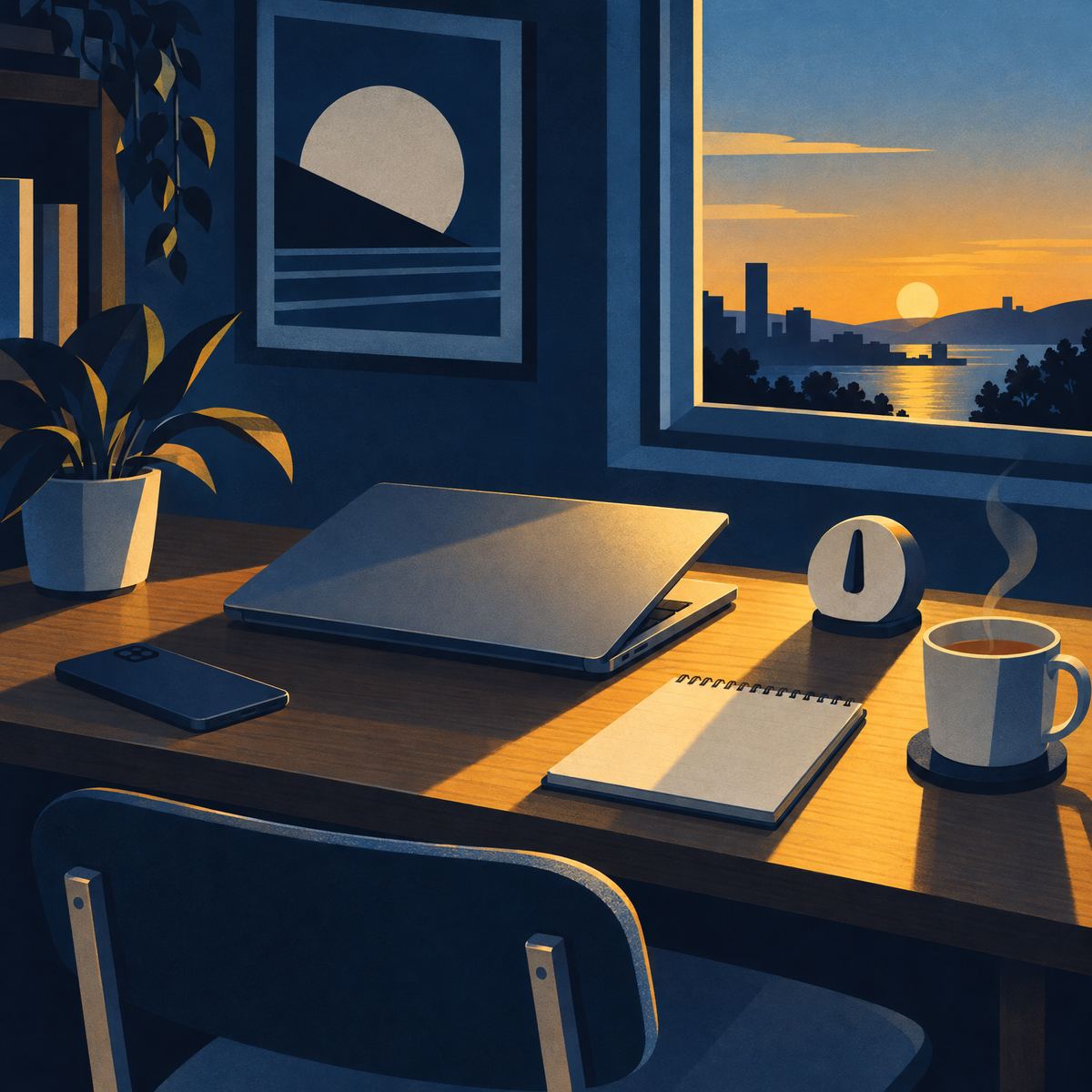 Illustration of a tidy desk by a window at golden hour, a phone lying face down, a half-closed laptop, a small round timer, a notepad and a mug of tea