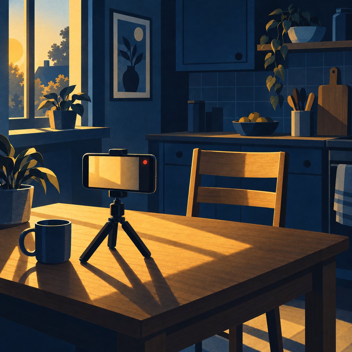 Illustration of a smartphone on a small tripod on a wooden kitchen table, its red recording light on, pointed at an empty chair in warm morning light