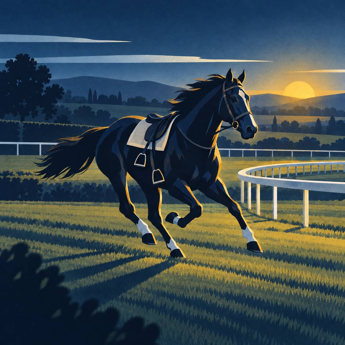 Should vs must: a riderless racehorse galloping at dawn Illustration of a racehorse galloping freely across a racecourse at dawn with an empty saddle and swinging stirrups, white rails curving away under a low golden sun