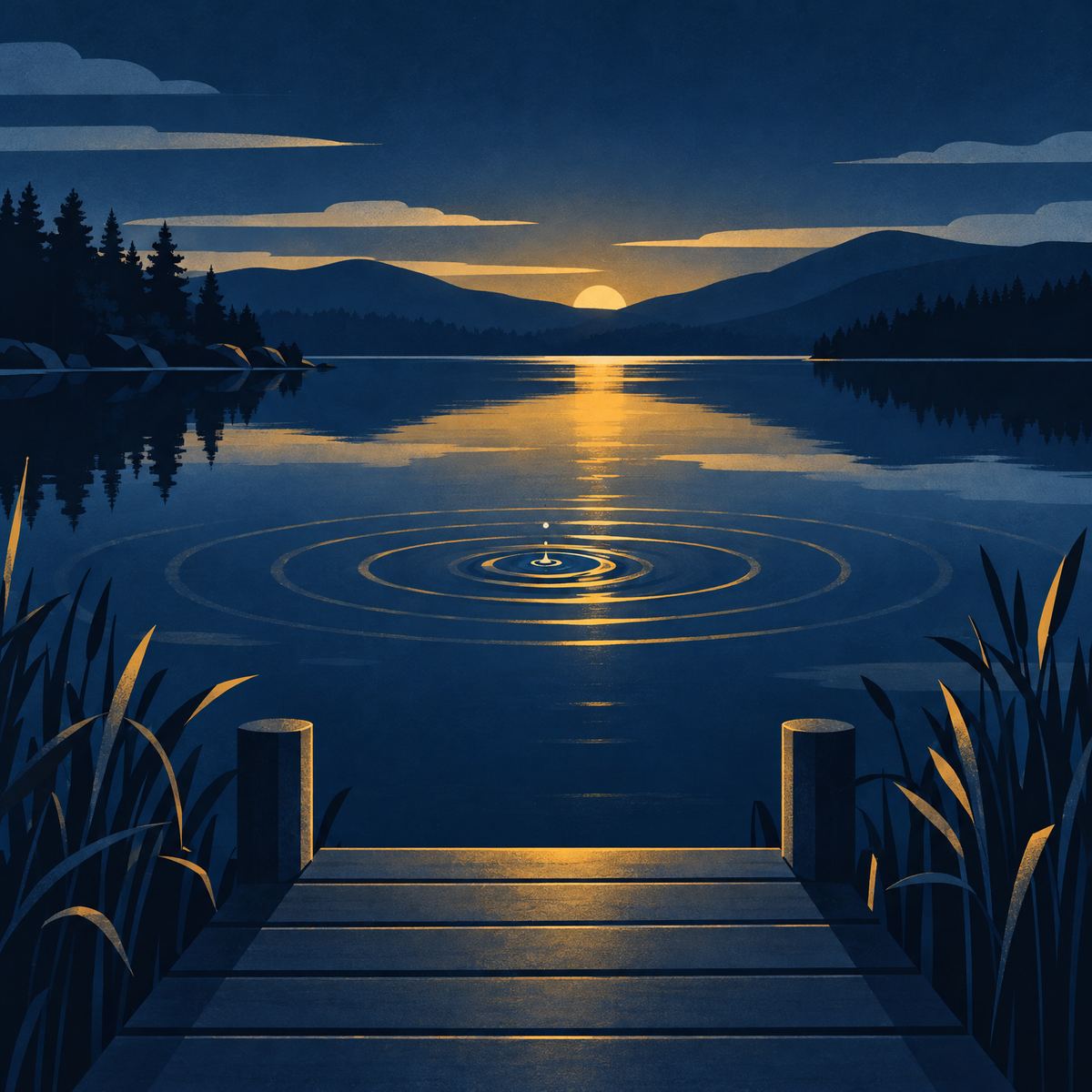 Illustration of a still lake at dusk seen from a wooden jetty, golden rings of ripples spreading across the reflected sky from where a pebble has dropped, with reeds at the edges and distant hills
