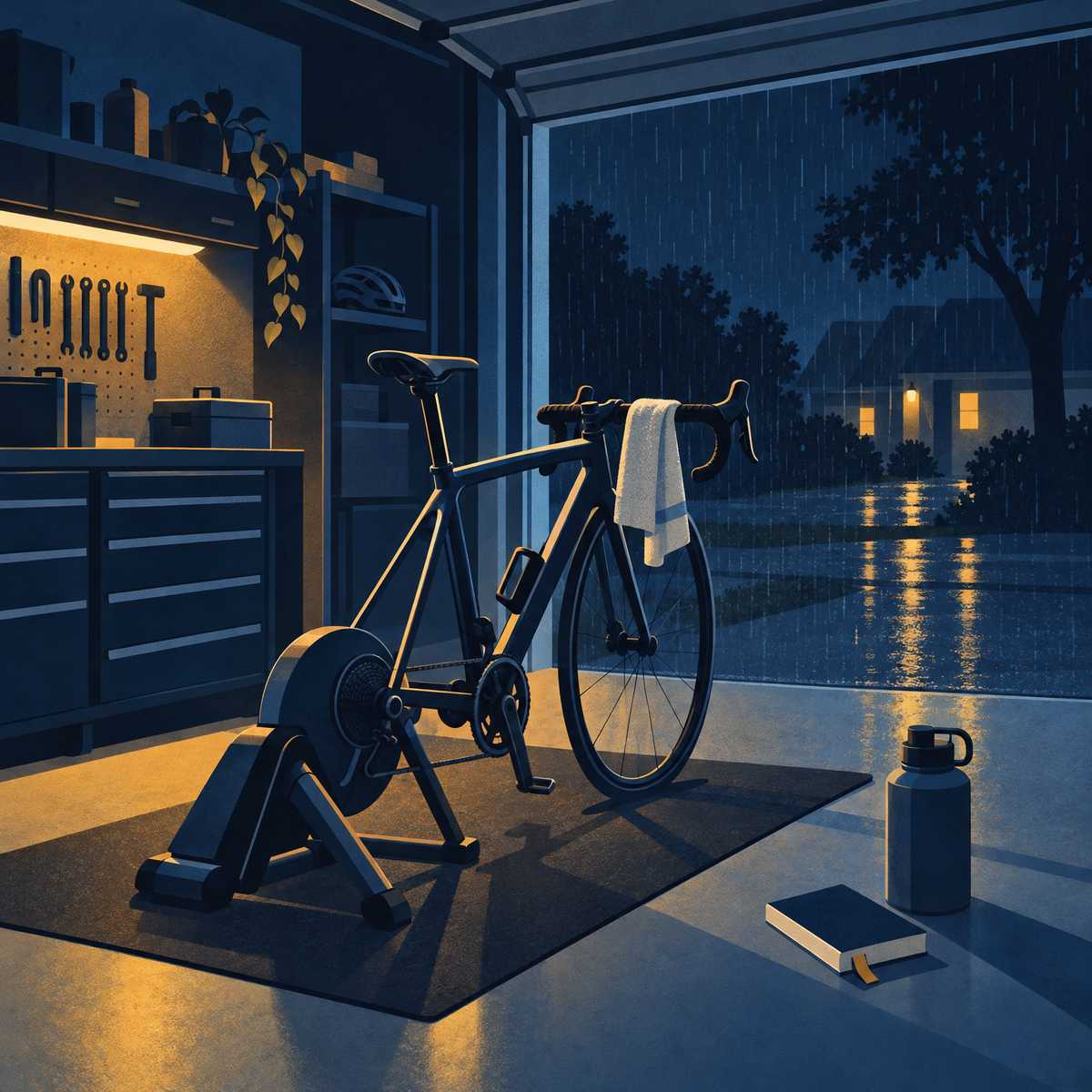 Illustration of a road bike set up on an indoor turbo trainer in a tidy garage, a towel over the handlebars, a water jug and paperback on the floor and rain falling outside
