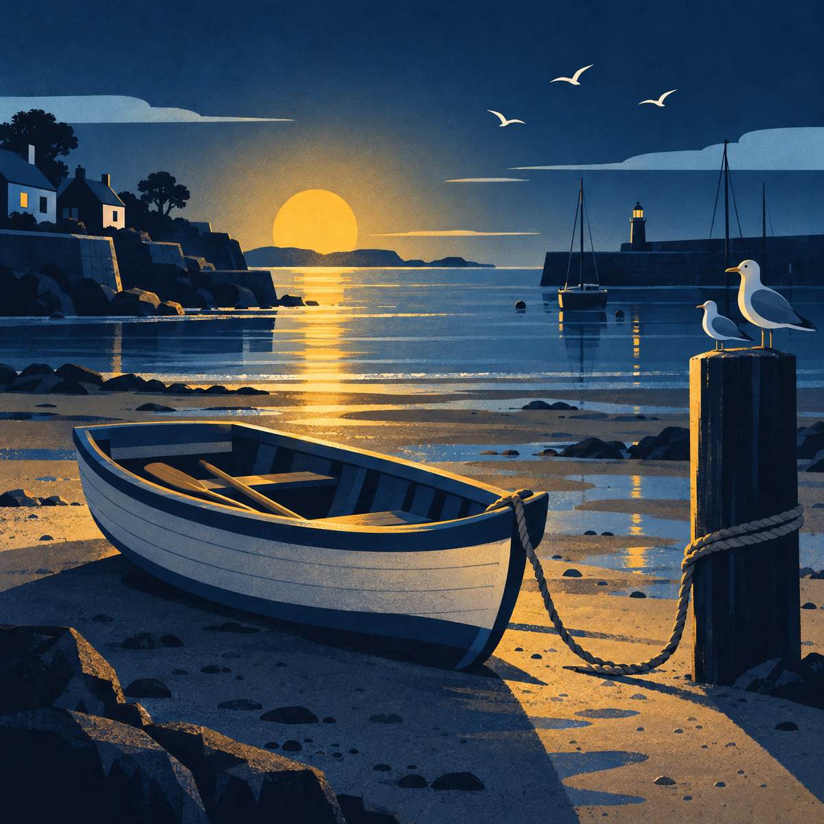 Illustration of a small wooden rowing boat resting on the sand of a quiet harbour at low tide, oars tucked inside and mooring rope slack, as the water creeps back under a golden morning sun