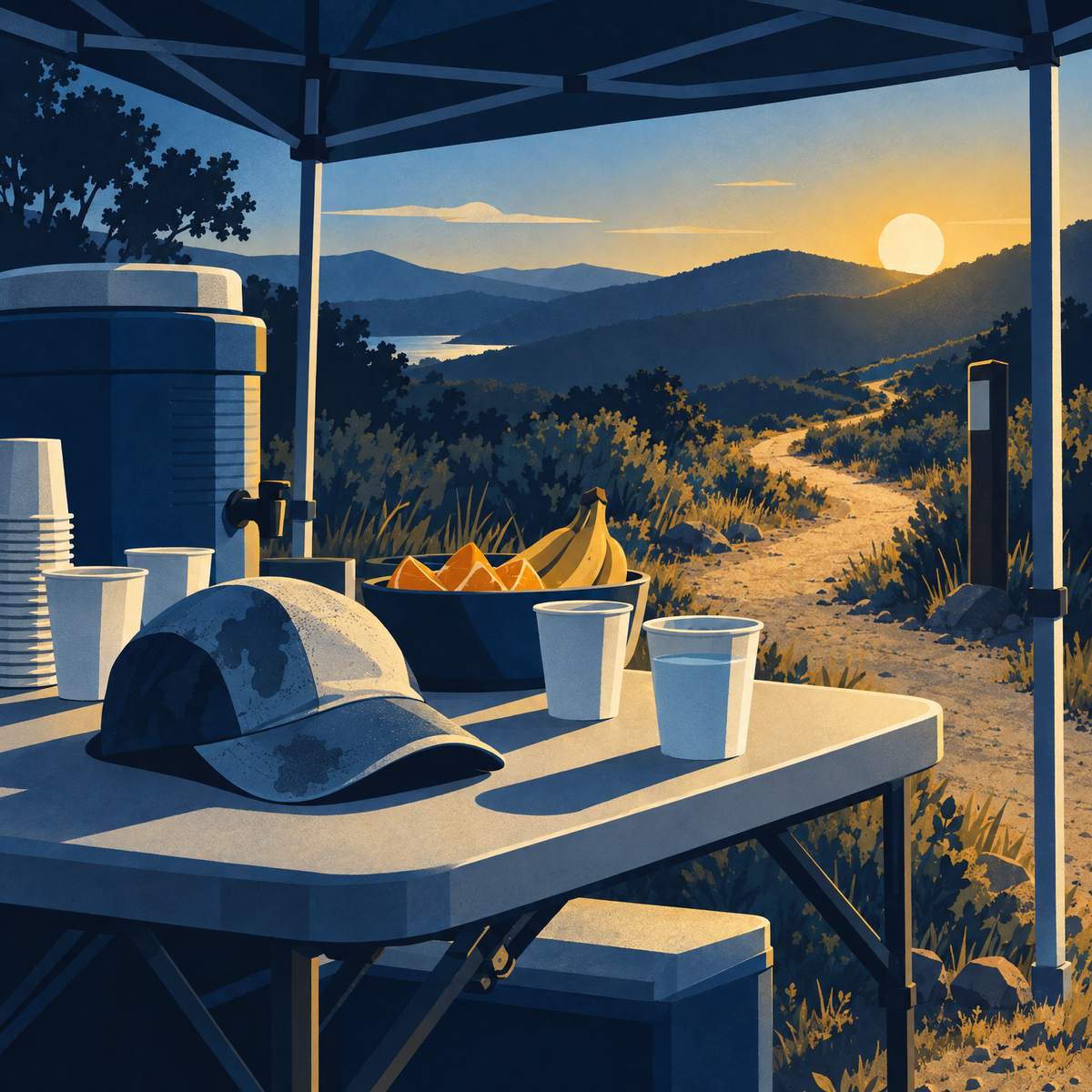 Illustration of a sweat-stained running cap on a folding table at a countryside race checkpoint with paper cups of water, orange slices and bananas, a chalky trail winding over green hills