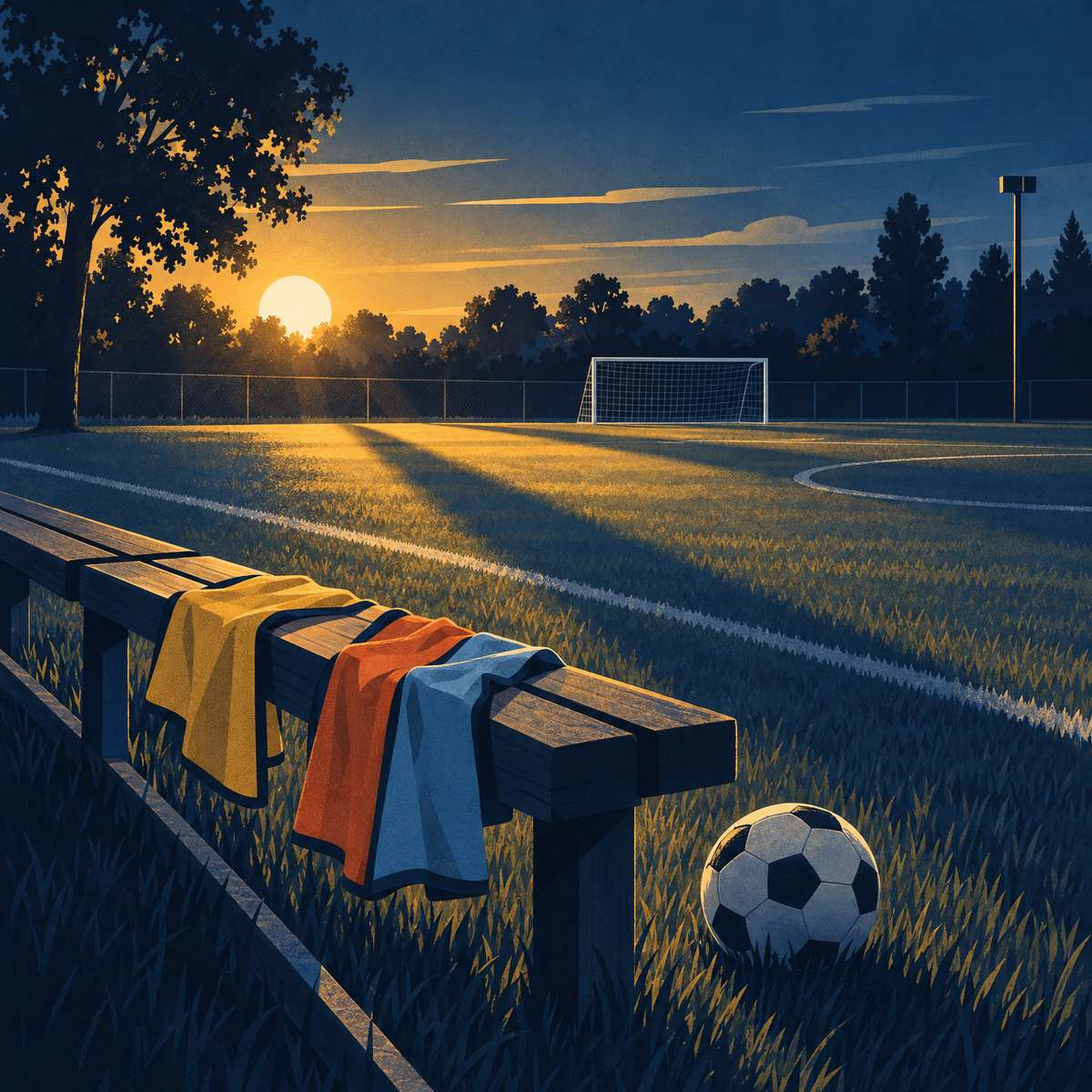 Illustration of an empty school playing field at sunset, with coloured sports bibs draped over a wooden bench and a football in the grass