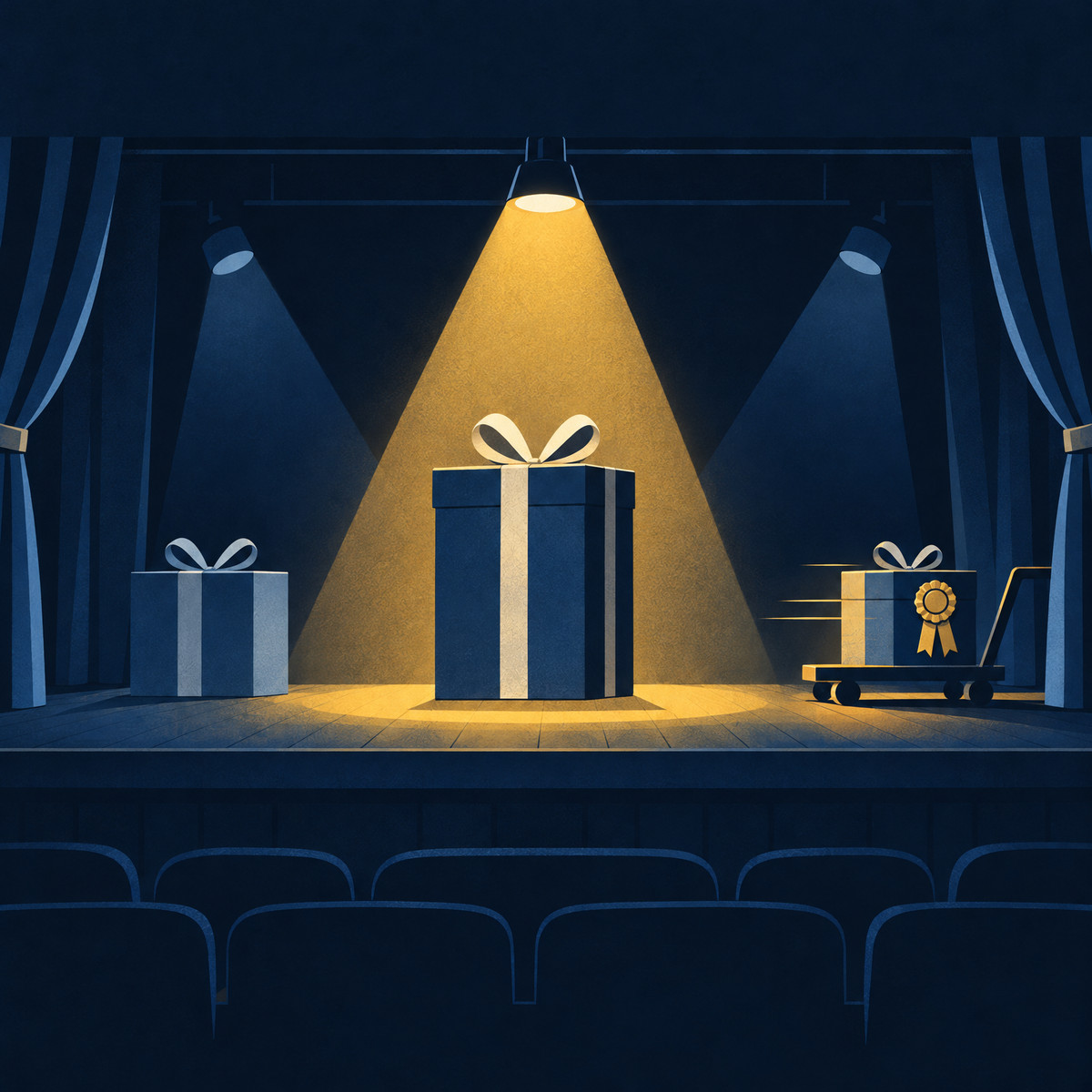 Illustration of a spotlight flooding the tallest of three gift boxes on a stage, while a smaller box with a gold rosette is wheeled away