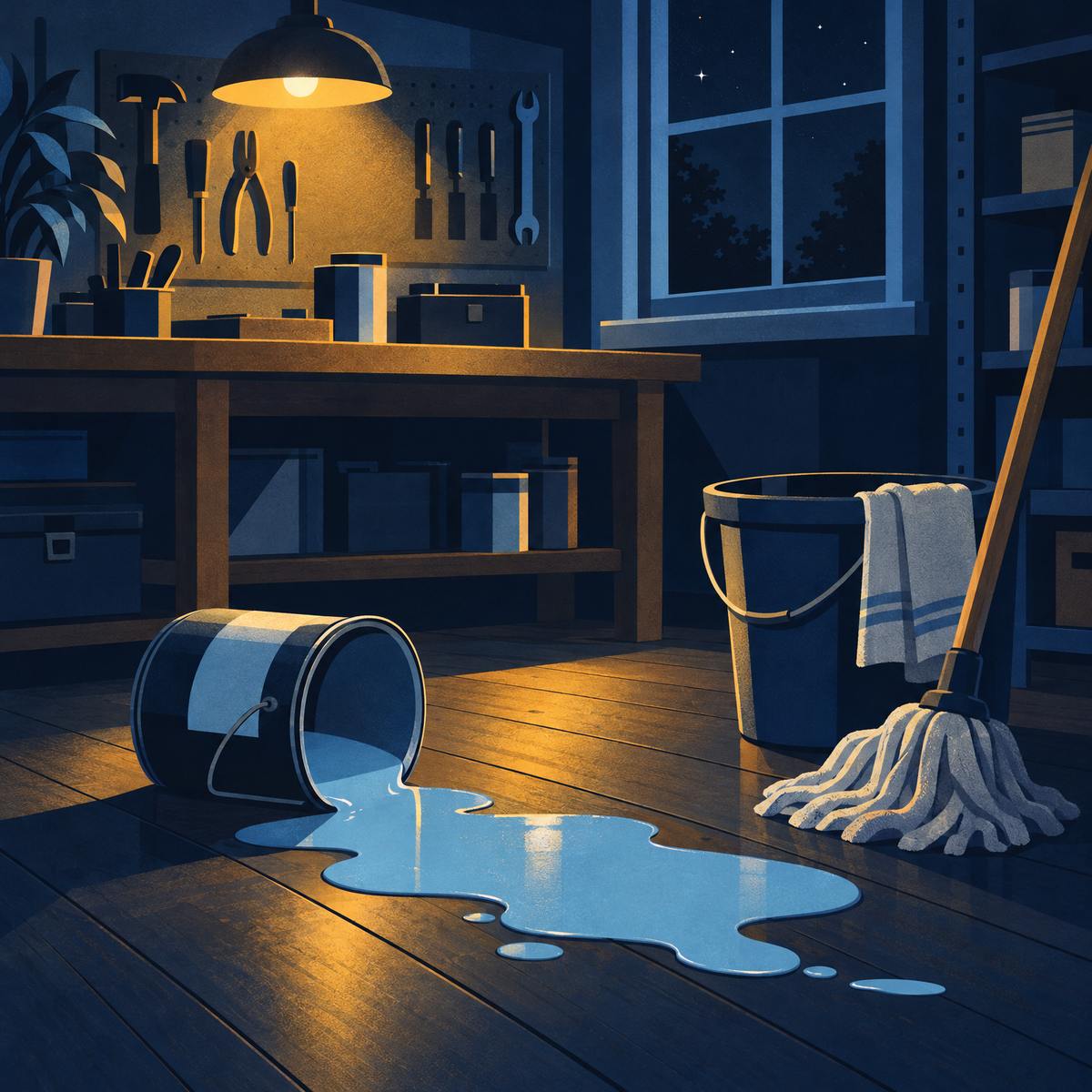 Illustration of a tipped-over paint tin with a puddle of sky blue paint on a wooden workshop floor, a mop, bucket and cloth already set beside it ready to clean up