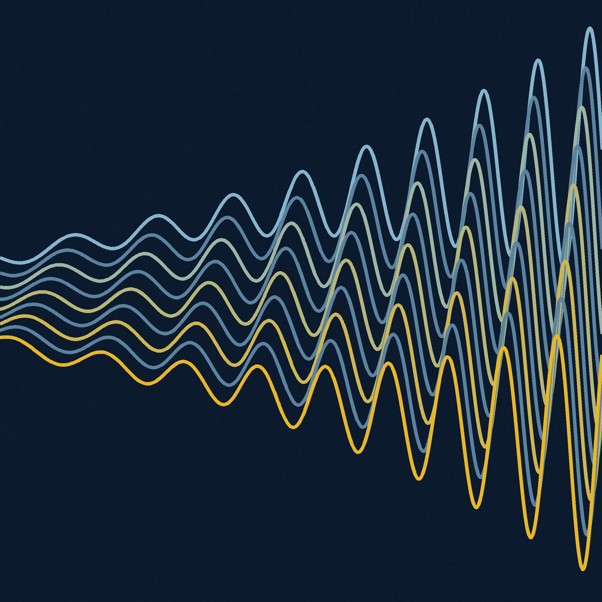 Blue and gold wave lines on midnight blue, growing taller and louder from left to right
