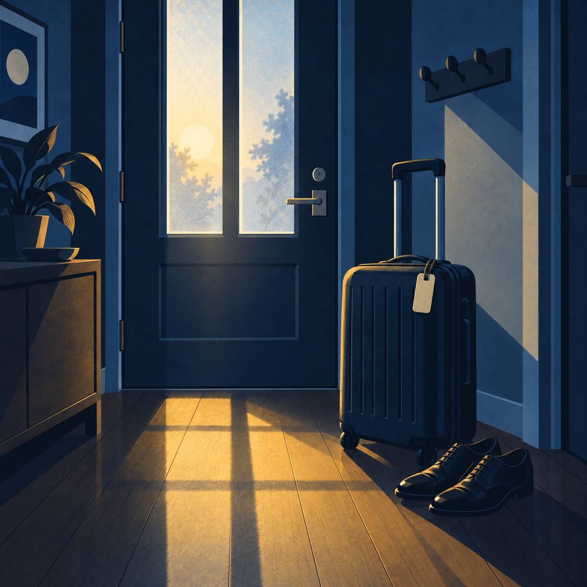 Illustration of a packed carry-on suitcase with a worn luggage tag standing by a closed front door at dawn, a pair of polished office shoes beside it and soft light coming through the glass
