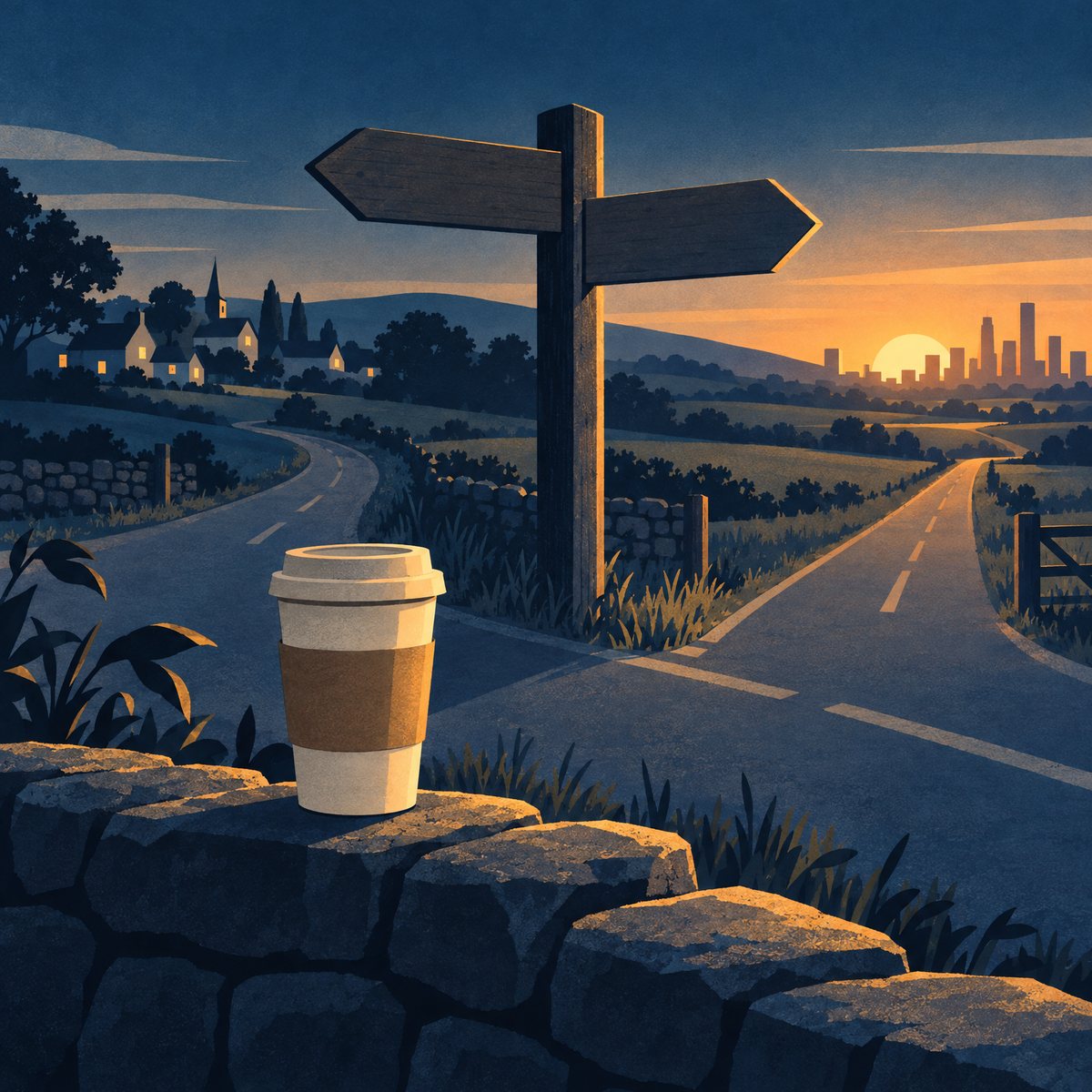 Illustration of a plain takeaway coffee cup on a stone wall at a country crossroads at dawn, with one road leading to a distant city and the other back to a small village