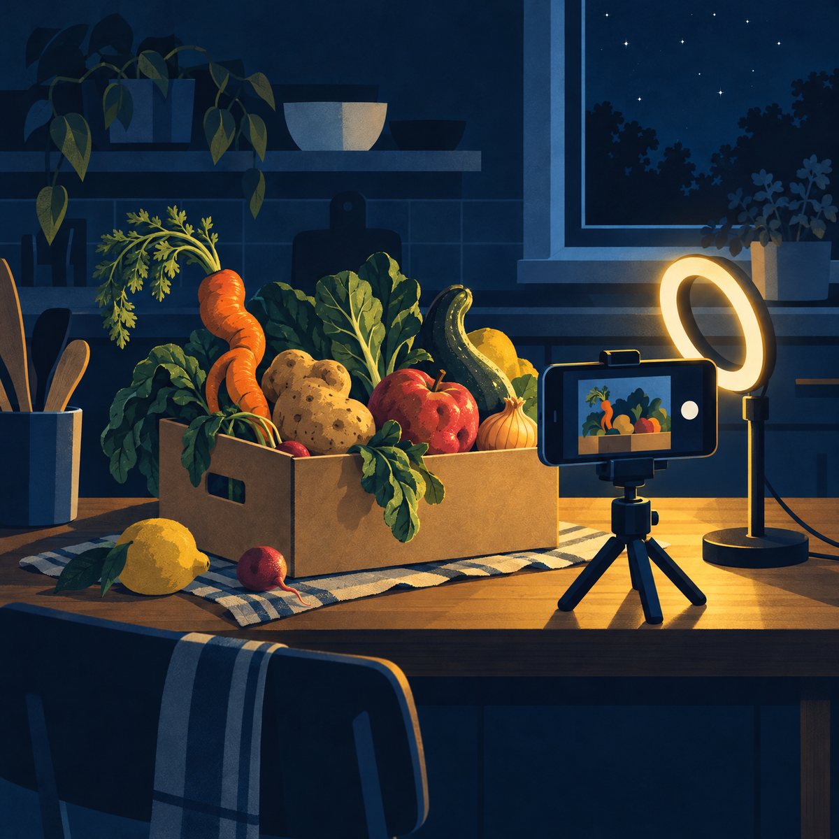 Illustration of a cardboard box of wonky fruit and vegetables being filmed by a smartphone on a small tripod beside a ring light