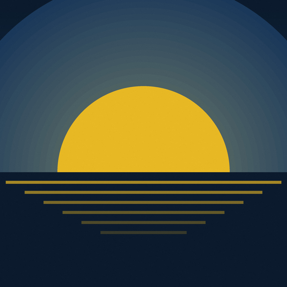 Gold sun rising over a dark horizon with its reflection on still water