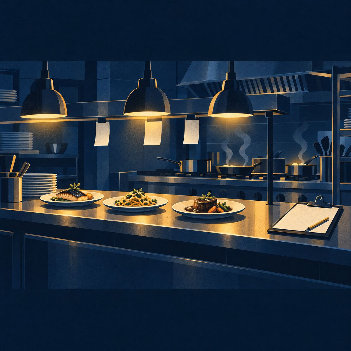 Illustration of a restaurant kitchen pass under warm heat lamps, with plates ready, blank order tickets and an empty menu notepad