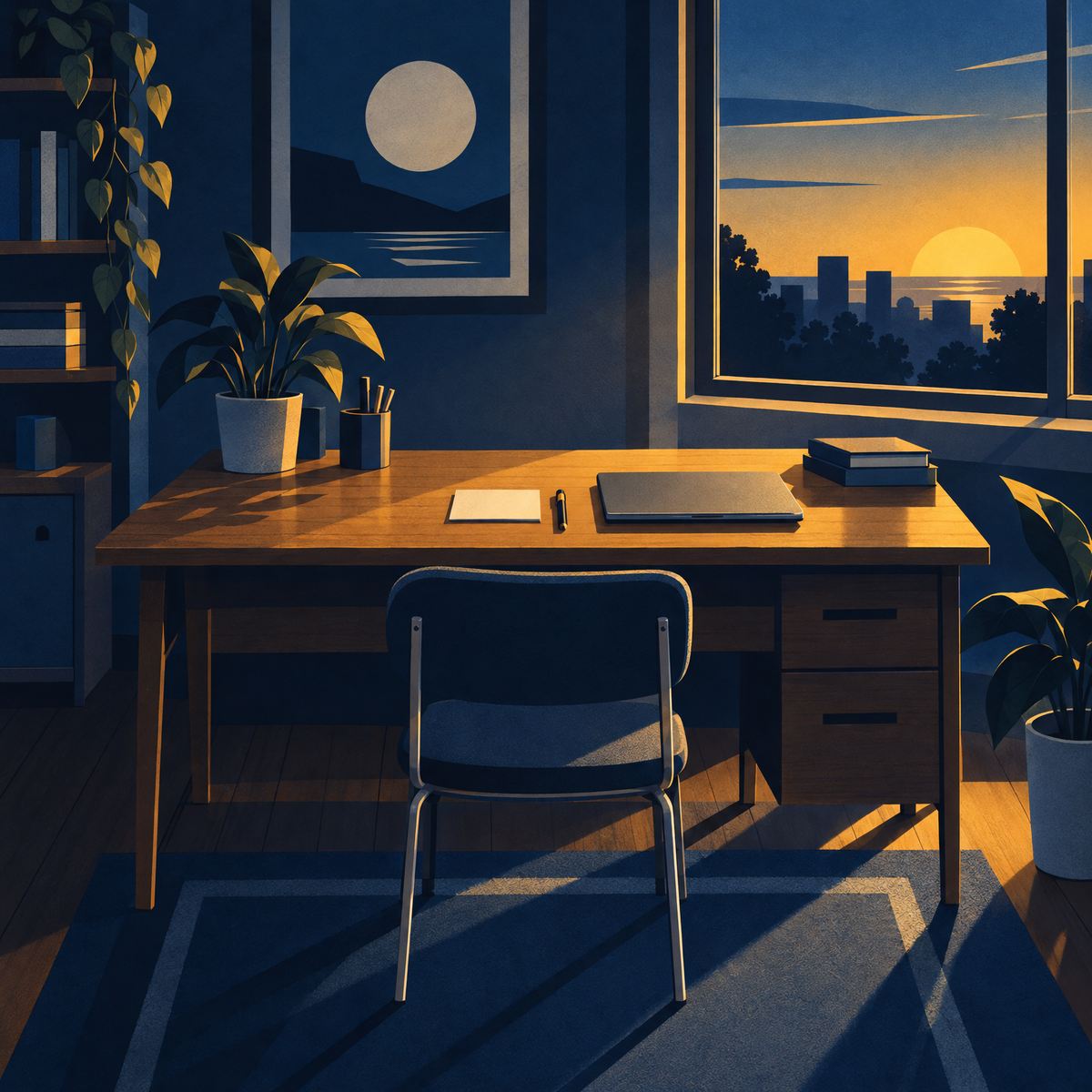 Illustration of a tidy home office desk after work with the laptop closed, a blank index card and pen squared up in the middle, the chair tucked in and golden sunset light through the window