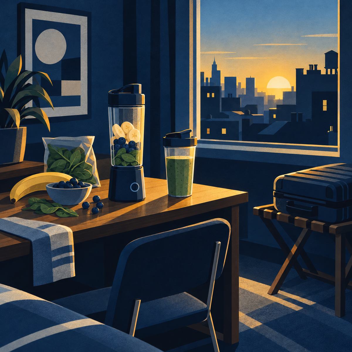 Illustration of a compact travel blender with bananas, blueberries and a bag of spinach on a hotel room desk beside a green smoothie, a suitcase on a luggage rack and city rooftops at sunrise outside