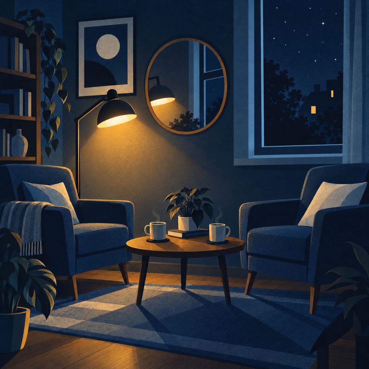 Illustration of two armchairs facing each other with two mugs of tea on a low table between them and a round mirror on the wall, lit by a warm lamp