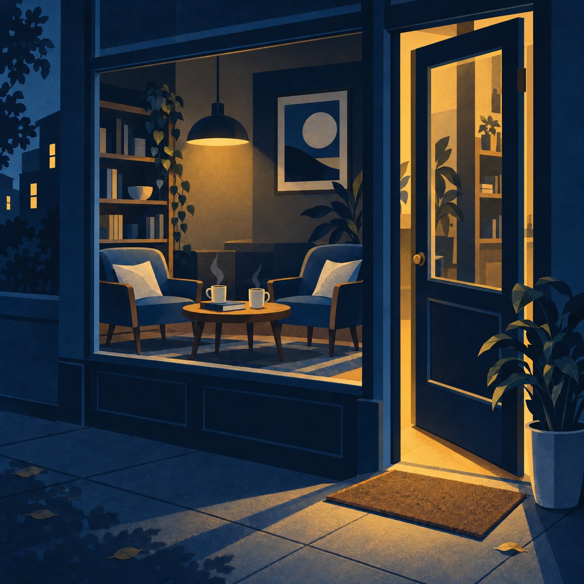 Illustration of two armchairs angled towards each other in a small shop at dusk, with two steaming mugs of tea on a low table and the glass front door open, letting warm golden light spill out onto the pavement