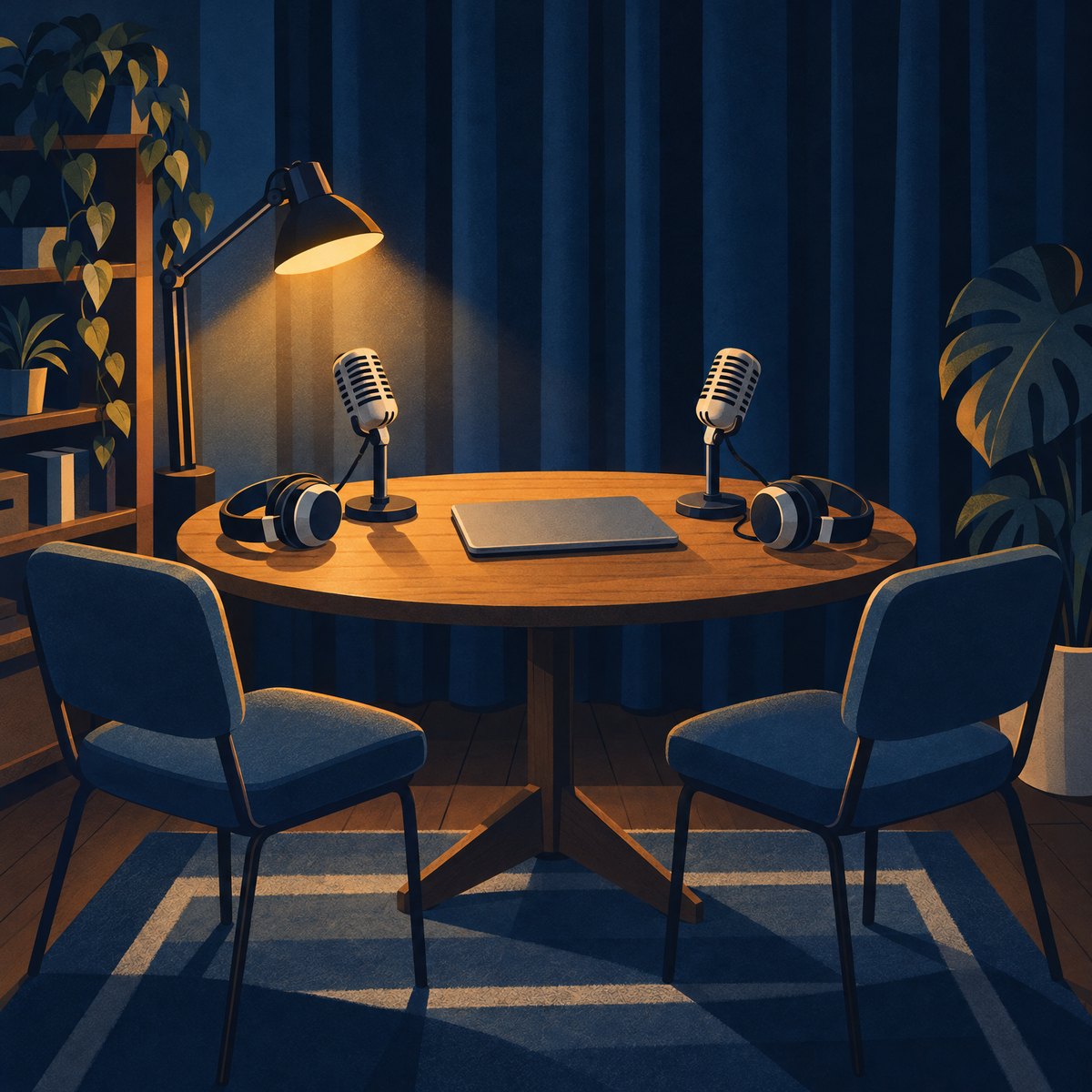 Illustration of two vintage microphones facing each other across a small round table in a cosy podcast studio, with headphones and a closed laptop