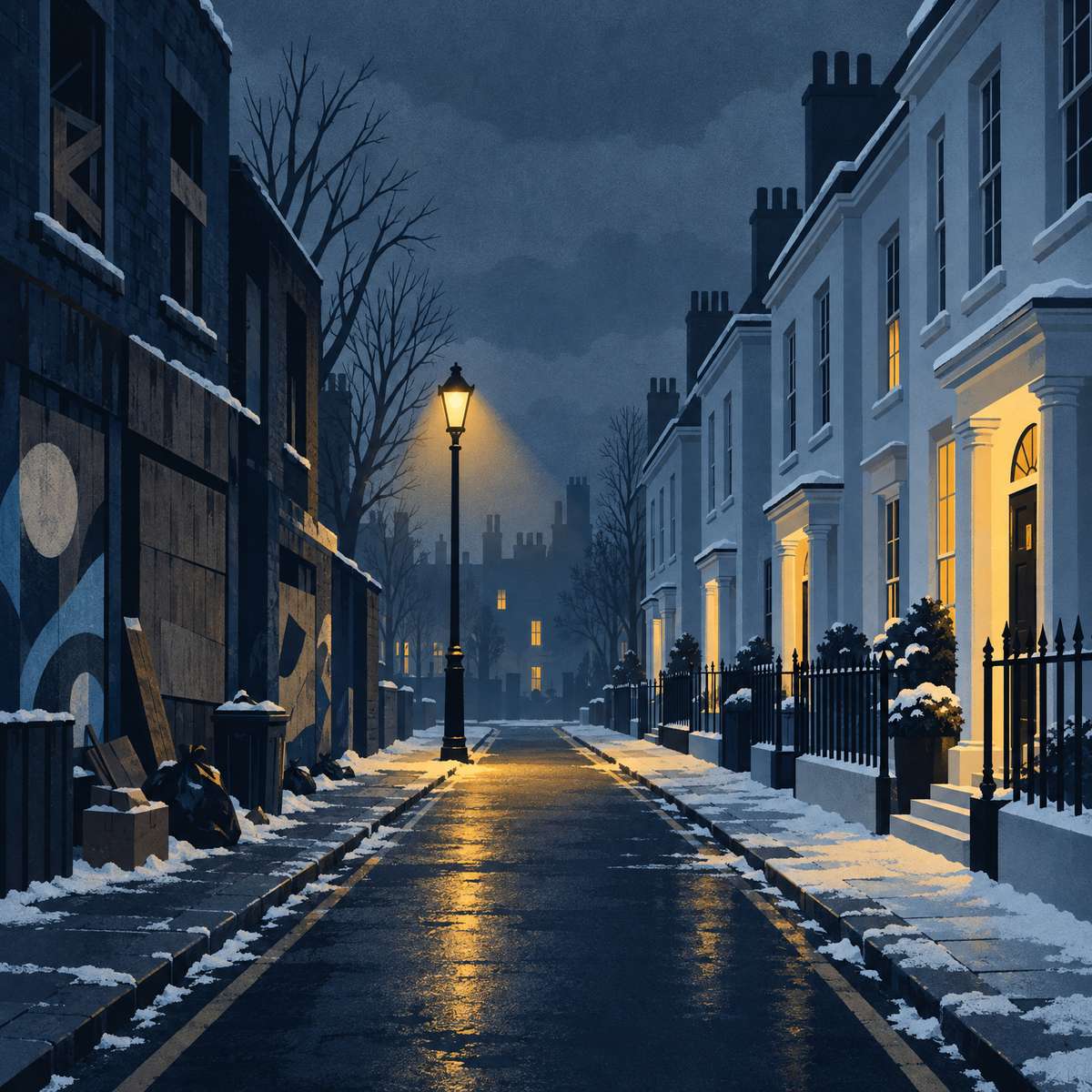 Illustration of a winter street seen down the middle, elegant white townhouses with black railings and warm lit doorways on the right, a dark boarded-up building on the left, and a golden street lamp between them under a grey sky