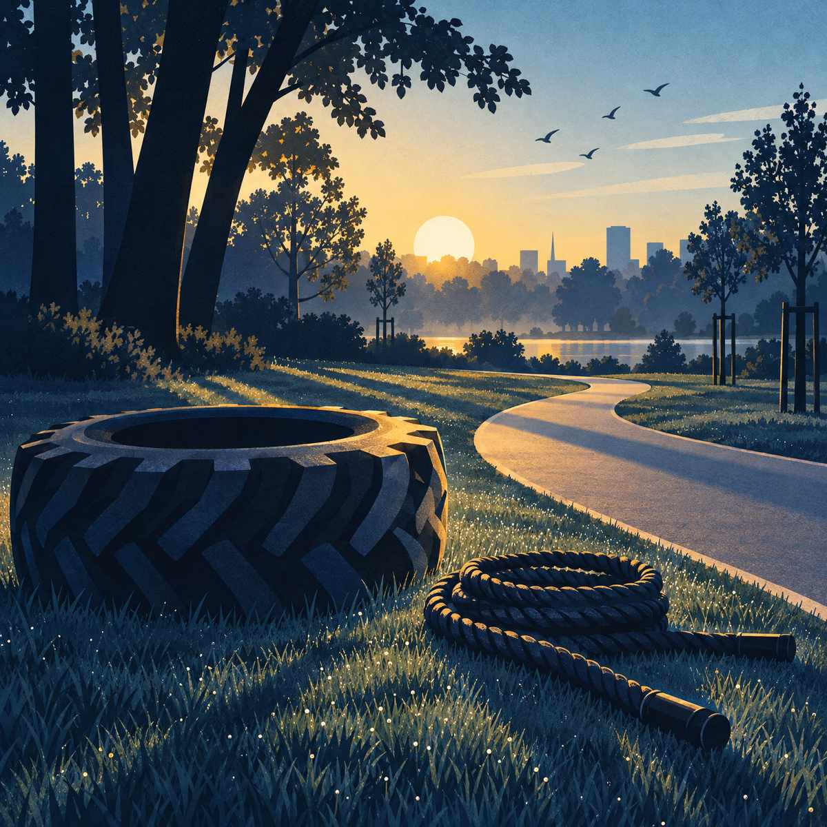 Illustration of a big tractor tyre and a coiled training rope on dewy grass beside a winding park running path at sunrise