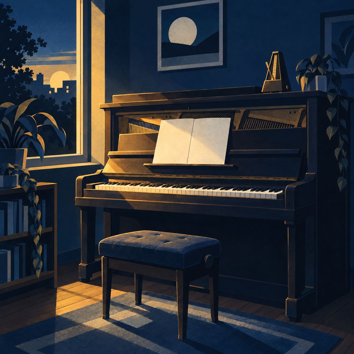 Do the verb: an old upright piano with a metronome on top Illustration of an old upright piano in a quiet room with the lid open, worn keys, a metronome on top, blank sheet music on the stand and a well-used stool in golden evening light