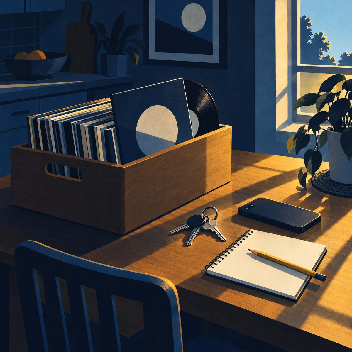 Illustration of a wooden crate of vinyl records on a kitchen table, one record pulled halfway out, with a bunch of house keys and a plain mobile phone resting beside it in soft morning light