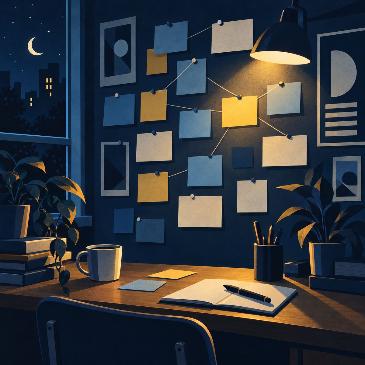 Illustration of a studio wall at night covered in blank sticky notes joined by string, lit by a desk lamp, with a mug of coffee, pens and an open notebook on the desk below