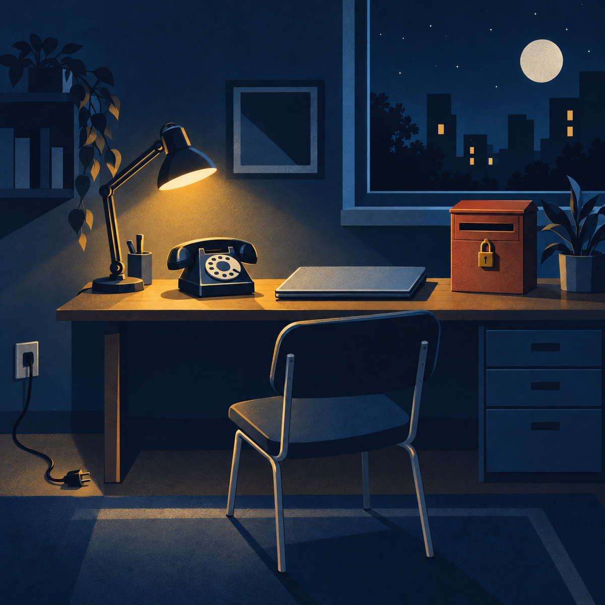 Illustration of a customer service desk at night, with the telephone unplugged, a padlocked post box and a closed laptop