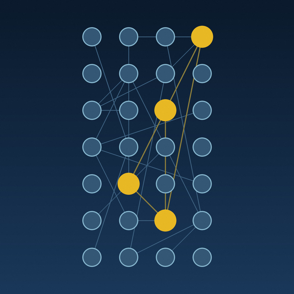 Abstract navy grid of 28 circles, four picked out in gold and joined by fine lines