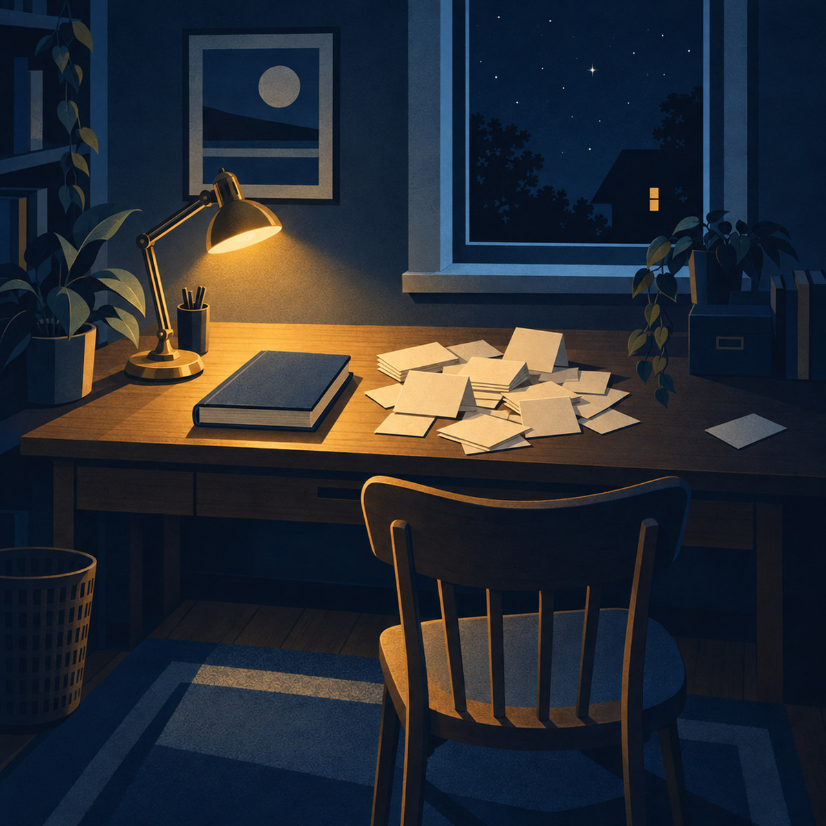 A writer's desk at night under a gold lamp, a closed book beside a pile of cards, one card set apart