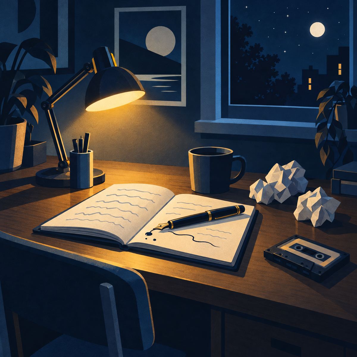 Illustration of a fountain pen resting on an open notebook under a desk lamp at night, with crumpled paper and an old cassette tape beside it