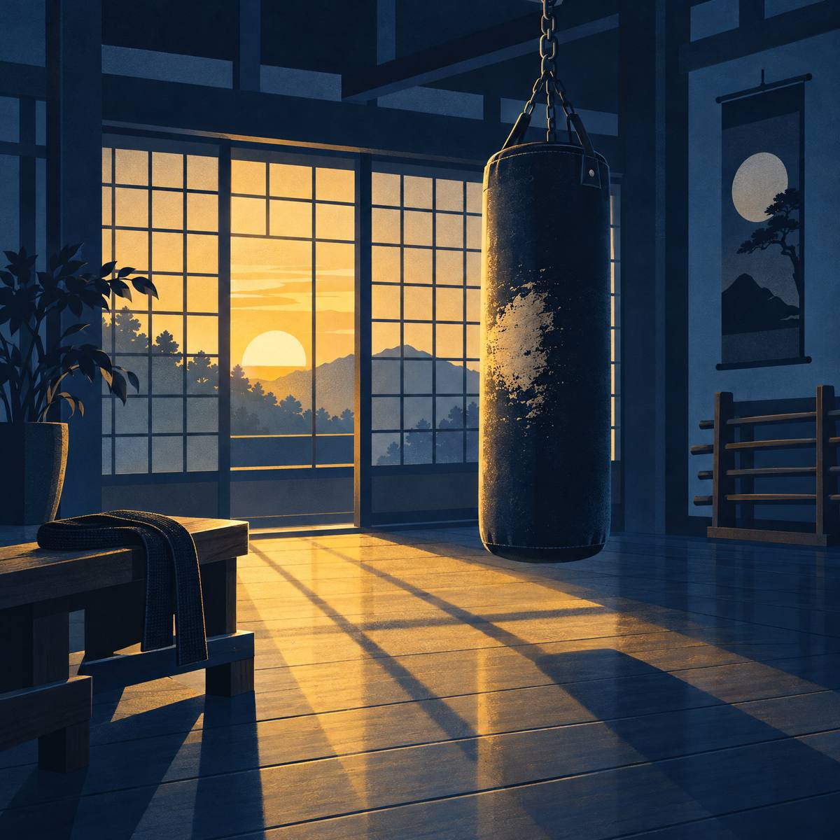 Illustration of an empty martial arts dojo at dawn, a heavy leather kick bag hanging from a chain with a worn patch, a polished wooden floor and screen windows glowing with early gold light