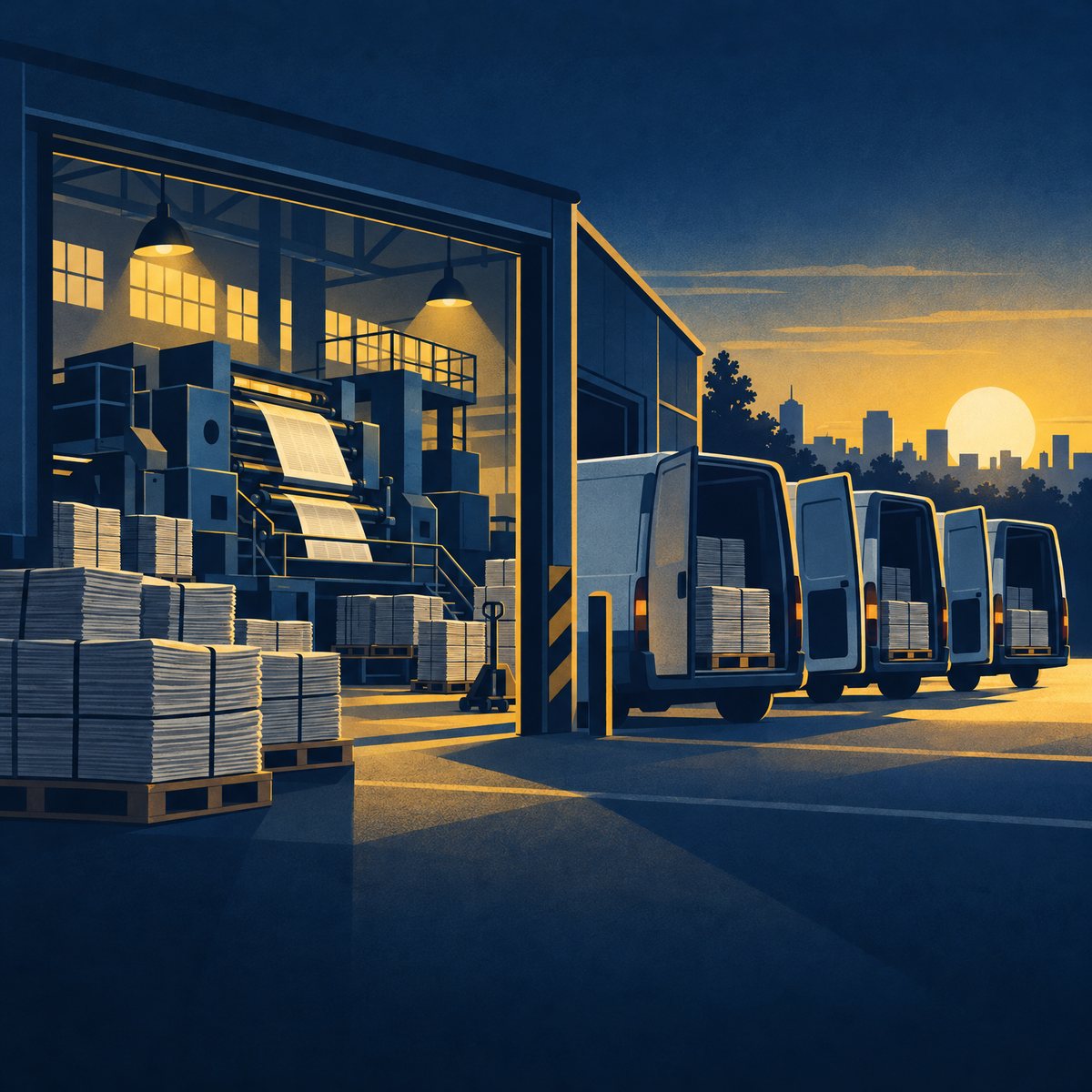 Illustration of an old newspaper printworks at sunrise, with a printing press, stacked newspaper bundles and delivery vans lined up outside